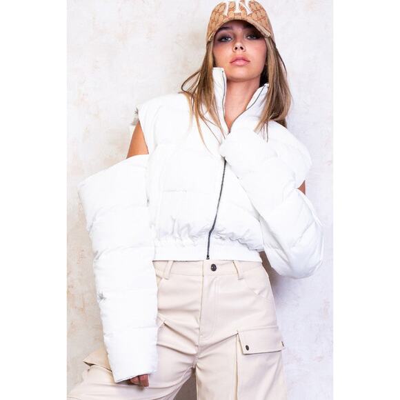 Rehab Lab Cold Shoulder Zip Front Puffer Jacket White Retro NWT Y2K V0001 - Picture 2 of 3